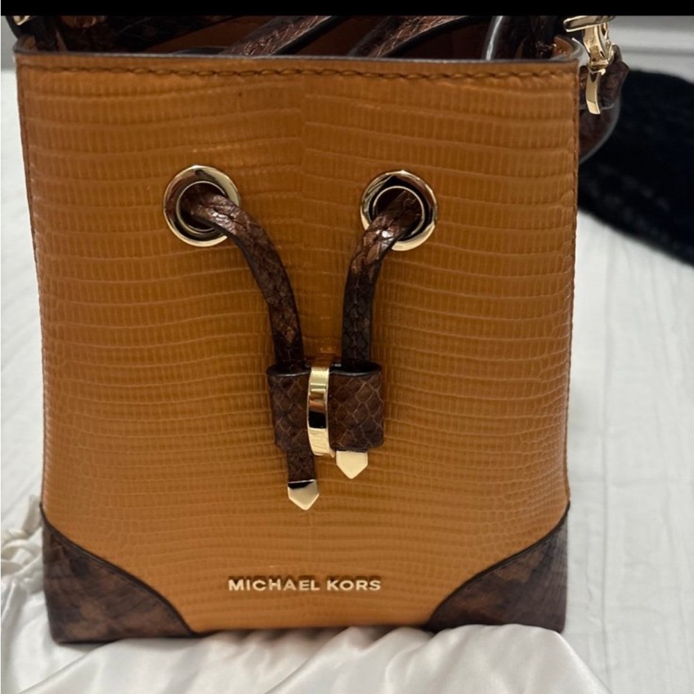 Michael Kors Tan and Brown Textured Drawstring Bucket Bag with Gold Hardware